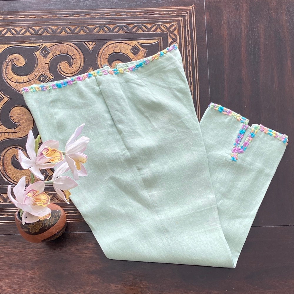 Vintage Light Green Pants with Colorful Trim